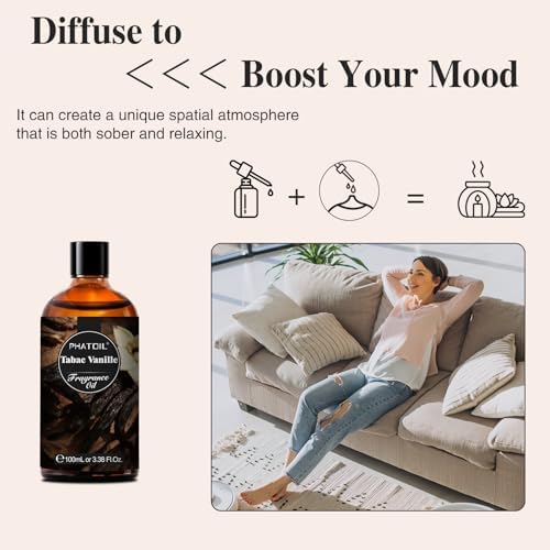 PHATOIL Tabac Vanille Fragrance Oil for Diffuser Aromatherapy 3.38FL.OZ | Long Lasting Scented Oils For Humidifier, Air Freshener, DIY Soap Candle, Scent Project Making, Aroma Oil for Home Freshening