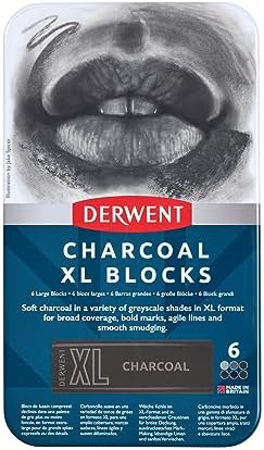Derwent Charcoal XL Blocks 6 Tin, Set of 6, 60mm Extra-Large Block, Naturally Water-soluble, Ideal for Sketching, Drawing and Expressive Mark Making, Professional Quality (2306196)