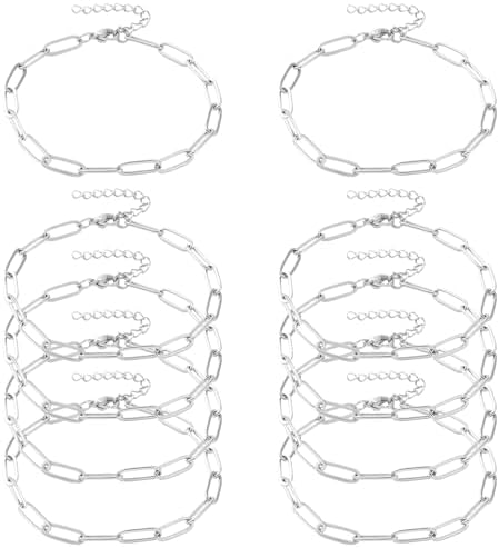 Exway 10 Pcs Paperclip Charm Bracelets Chain 8.0 Inch Stainless Steel Sliver Chain Bracelets Kit with Lobster Clasps for Crafts DIY Women Jewelry Making