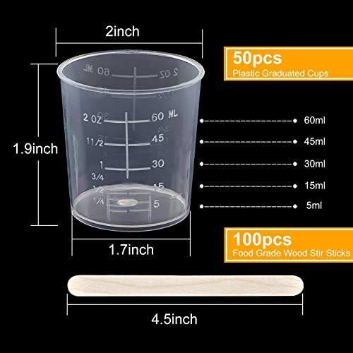 Coopay 50 Pack 60ml/2oz Plastic Graduated Cups Transparent Scale Clear Epoxy Mixing Cup with 100 Pack Wooden Stirring Sticks for Resin, Epoxy, Stain, Mixing Paint