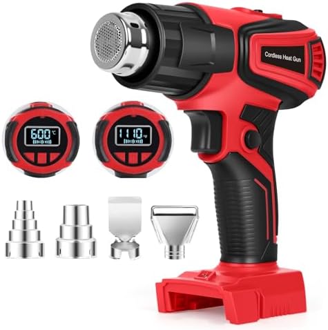Cordless Heat Gun Compatible with Milwaukee M18 Battery, Fast Heating Variable Temp (122°F~1112°F) Hot Gun LCD Display and 4 Nozzle for Shrink Tubing, DIY(No Battery, Not Made by Milwaukee) (Red)