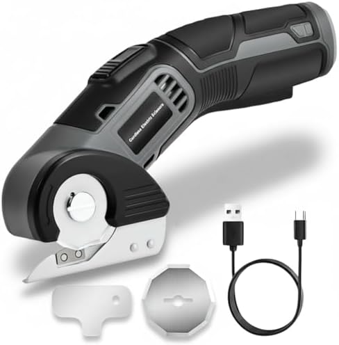 4V Cordless Electric Scissors, Lightweight Rotary Cutter with 2 Blades & USB Charging, for Cardboard Fabric Leather Carpet Plastic Rope Cutting, Safety Lock for Home DIY Craft Use