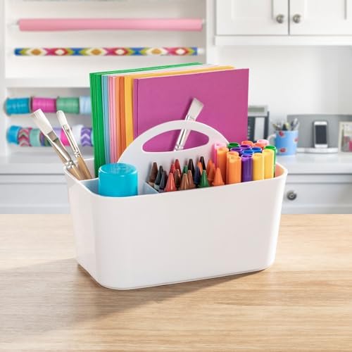 mDesign Plastic Portable Craft Storage Organizer Caddy Tote, Divided Basket Bin w/Handle - Craft, Sewing, Art Supplies - Holds Brushes, Colored Pencils - Lumiere Collection - White, 2 Pack