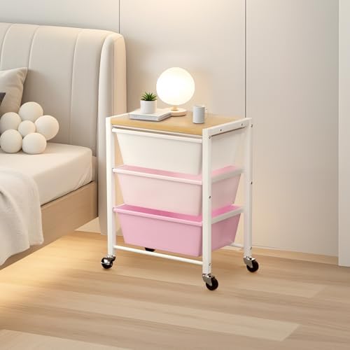 Rolling Cart with 3 Drawers, Plastic Drawer Storage Carts with Lockable Wheels & Wooden Tabletop, Metal Utility Cart Organizer, Office Bedroom Classroom Craft Organization and Storage, Bright Pink