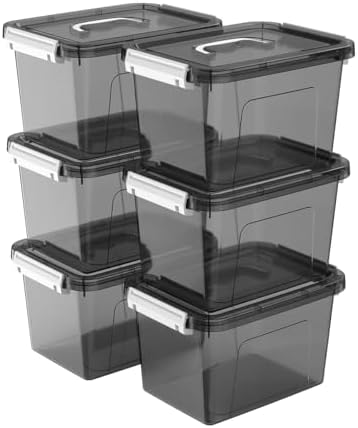 6 Quart Stackable Plastic Storage Bins with Lids, 6 Pack Clear Black Small Organizer Boxes with Latches for Bathroom, Pantry, Office Desk and Small Item Storage