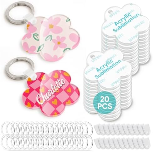 YOPPIX 60 Pcs Sublimation Acrylic Flowers Blank kit, with 20 Fixing Clips and 20 Key Rings for Heat Transfer Keychain Bags Wedding Table Decor, Christmas Tree Decor, Home Gift Crafts Supplies