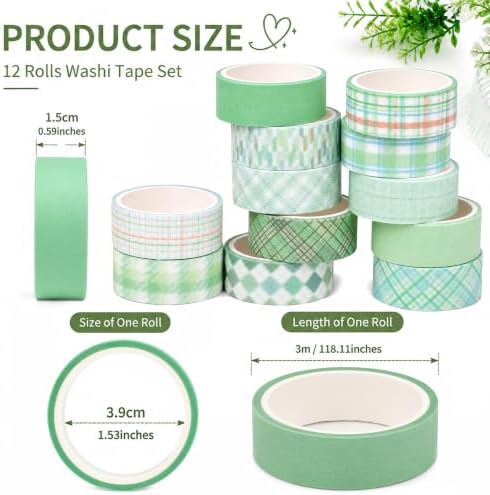 12 Rolls Washi Tape Set, Fresh Matcha Green Decorative Tape,Assorted Styles