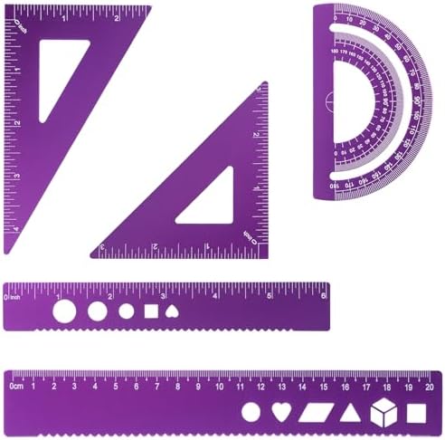 5 Pcs Metal Geometry Set, Math Drafting Ruler Kit- Aluminum Triangle Rulers, Protractor, 8 Inch and 6 Inch Drawing Ruler, Measuring Tool for School and Office Supplies (Purple)