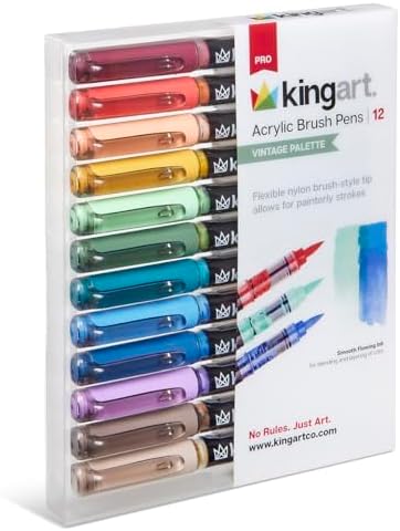 KINGART Acrylic Paint Markers Brush Tip, 12 Vintage Colors. Water-based, no-bleed, waterproof pens with automatic ink control for rock, egg, wood, fabric, glass & DIY crafts
