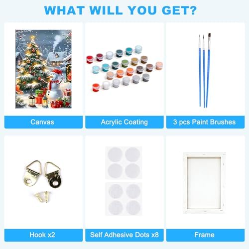 SENQAO Christmas Paint by Numbers for Adults Framed, Snowman Christmas Tree Adults' Paint-by-Number Kits, Adult Paint by Number Kits on Canvas,Acrylic Number Painting for Home Decor, 8x12in