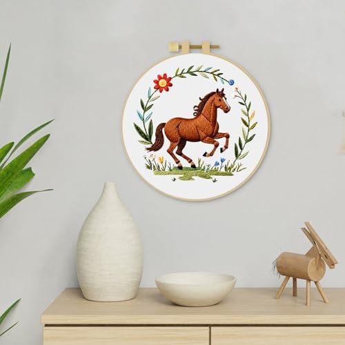 ERKOON Embroidery Kit for Beginners Adult, Cross Stitch Set Include Embroidery Cloth Hoop Threads for Craft Lover Hand Stitch with Embroidery Skill Techniques (Horse)