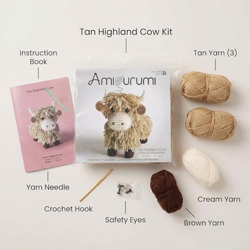 LEISURE ARTS Amigurumi Highland Cow Crochet Kit Tan – Adult Crochet Kit for Amigurumi Animal Project, Highland Cow Plush 8 Inch Finished Figure