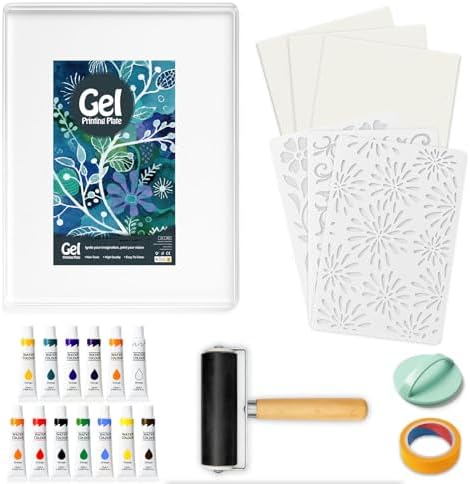 INNOVAYOU 8 * 10inch Gel Plate Printing Kit, Set with Gel Printing, Rubber Roller, Watercolor Paints, Stencils, Printing Paper, Masking Tape and Baren, for Card Making, Arts and Crafts