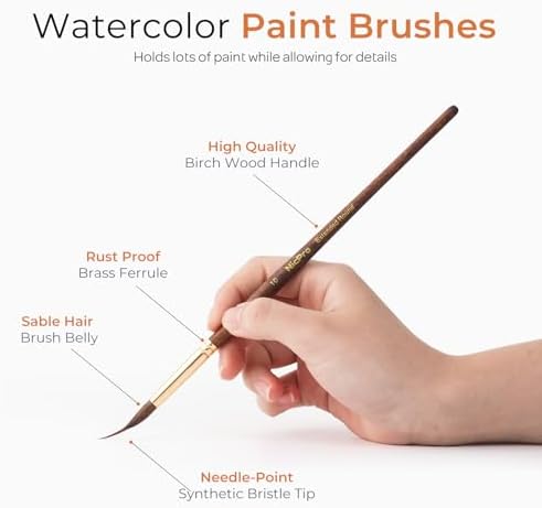 Nicpro 4 PCS Watercolor Brushes Professional, Extended Needle Point Brush Set, Sable Watercolor Brushes with Synthetic Extra Long Tip for Fine Detailing - Watercolor Acrylic Gouache Inks Painting