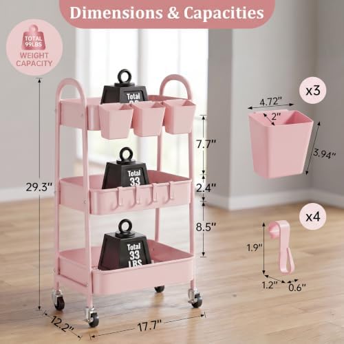 danpinera 3-Tier Rolling Cart, Utility Cart Mobile Metal Rolling Storage Cart with Lockable Wheels & Hanging Cups & Hooks for Kitchen, Bathroom, Office, Workshop, Pink