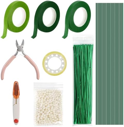 DIY Handmade Floral Craft Tool Set, Money Flower Bouquet Making Supplies Kit – Includes ABS Pearls, Metal Floral Wire, 2mm Flower Stems, Cutting Scissors, Floral Pliers and Green Floral Tape