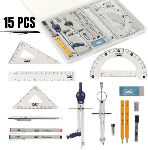 Mr. Pen- Professional Geometry Set, 15 pcs, Drafting Tools with Protractor | Compass, Metal Ruler, Triangles, Pens & Pencils, Complete Geometry & Drafting Kit for Architects, Engineers & Students