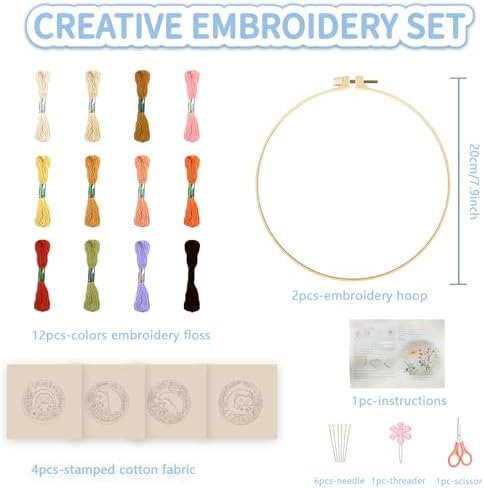 FREEBLOSS 4 Pack Embroidery Kit for Beginners Hedgehog Stamped Embroidery Starter Kit with Instruction Cross Stitch Needlepoint Kits for Crafts Adults with 2 Hoops 20cm/7.9inch