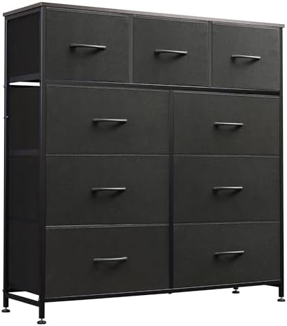 WLIVE Tall Dresser for Bedroom, 9 Drawer Chest of Drawers, Charcoal Black | 9 roomy fabric drawers, Tall storage design, Bedroom or closet use, Sturdy steel frame, Smooth wood tabletop