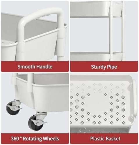Sywhitta 3-Tier Plastic Rolling Utility Cart with Wheels for Storage,White