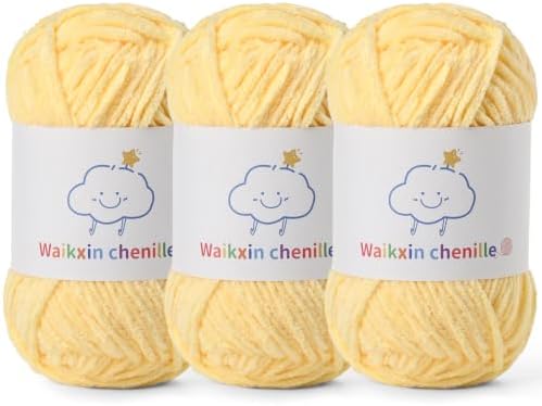 Skinny Chenille Yarn for Crocheting, 3 Pack of 1.75 oz/109 yds Amigurumi Yarn&Baby Yarn for Crocheting Soft, Fluffy Fingering Weight Velvet Yarn for DIY Crafts&Baby Blankets.(3 Light Yellow)