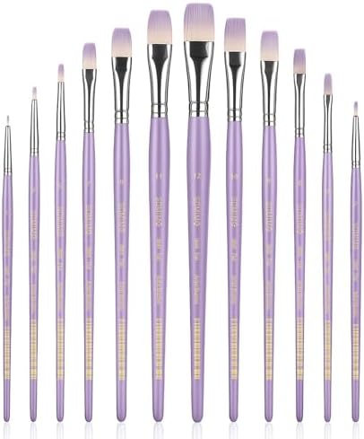 12 Pcs Flat Professional Artist Watercolor Paint Brush Set, Purple