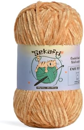 Fuzzy Chenille Yarn for Crocheting, Fluffy Amigurumi Crochet Yarn for DIY Craft/Hat/Shoes, (100g/197yds) Soft Velvet Baby Blanket Yarns（Khaki）