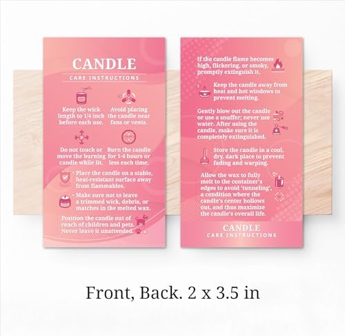 200 pack - Premium Handmade Candle Care Instruction Cards Pink 2x3.5 in, Small Business | Soy Bees Wax Melt, Candle Makers, Making Supplies Kit Set, Containers, Jars, Pot, Package