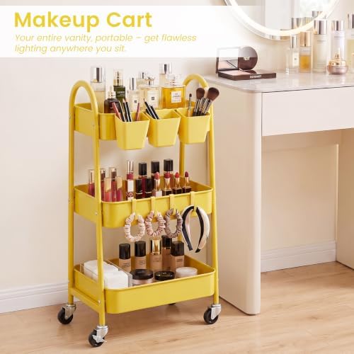 danpinera 3-Tier Rolling Cart, Utility Cart Mobile Metal Rolling Storage Cart with Lockable Wheels & Hanging Cups & Hooks for Kitchen, Bathroom, Office, Workshop, Yellow