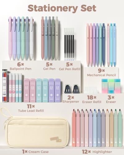 Four Candies 56 PCS Aesthetic School Supplies with Pencil Case (Cream)