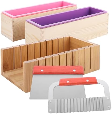 5 PCS DIY Soap Making Kit, Silicone Soap Molds Soap Making Supplies for Adults, Bamboo Cutting Box and 2 PCS 44oz Purple Pink Silicone Mold, Stainless Steel Straight Cutter and Wavy Cutter