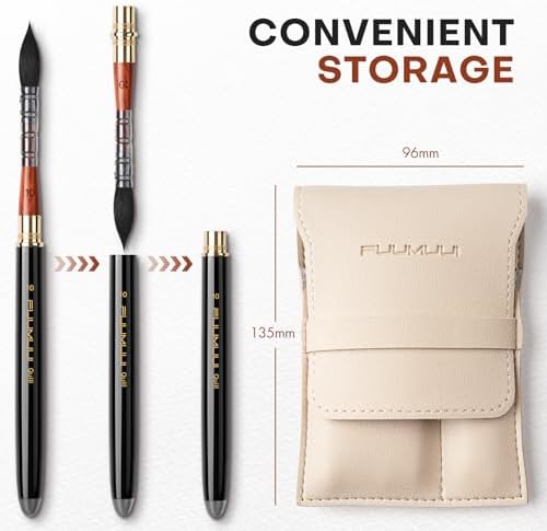 Travel Watercolor Brushes, Fuumuui Professional 6pcs Natural Soft Squirrel Hair Watercolor Travel Brush Set with Graphite Tip Pen Perfect for Watercolor Gouache Ink Painting