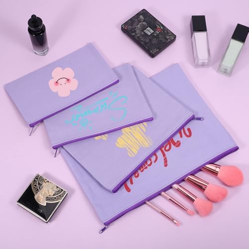12 Pieces Cotton Canvas Makeup Bag, Multipurpose Cosmetic Bag with Zipper Travel Toiletry Pouch, Blank DIY Craft Bag (Purple, L)