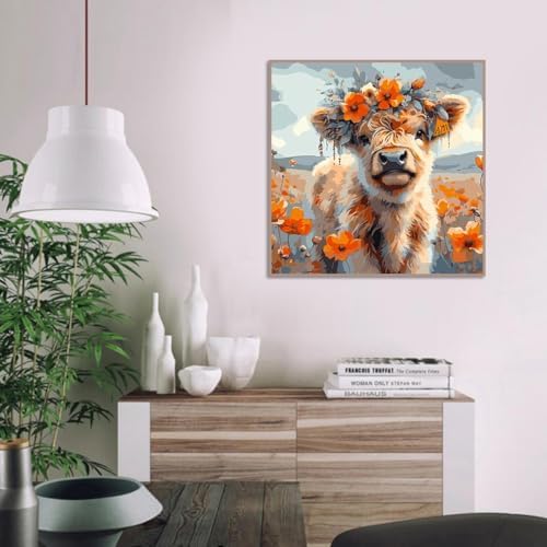 AALBLAC Cow Paint by Numbers for Adults - Highland Cow Flower Paint by Numbers for Adults Beginners, Acrylic Simple Paint by Number Canvas for Gift Home Decoration (16x16 Inch)