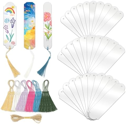 61PCS Acrylic Bookmarks Blanks Bulk 3 Symmetrical Shapes Clear Bookmark Plastic Blank 30 Sets with 6 Color Tassels & Twine String for Vinyl DIY Craft