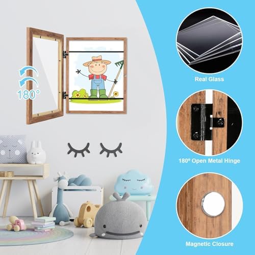 GULETHUN [2-Pack] Kids Art Frames, 9x12 Front Opening Kids Artwork Frames Changeable, Dark Wood Grain Artwork Display Storage Frame for Wall, Holds 50 Pcs, for 3D Picture, Crafts, Children Drawing