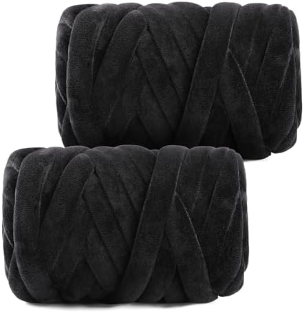 Chunky Yarn for Hand Knitting- Velvet Chenille Tube Yarns- Jumbo Yarns for Blankets, Pet Beds, Machine Washable (0.66 Lb/18.59 Yd), Easy No-Tool Arm Knitting & Crochet Project (2, Black)