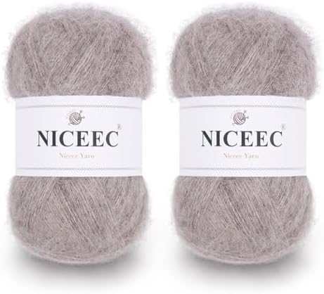 NICEEC 2 Skeins Long Pile Mohair Yarn 2.82oz/788yds - Oatmeal
