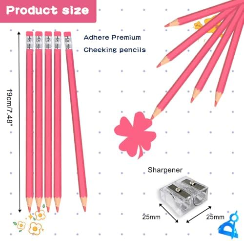 Adhere 25pcs Checking Pencils Erasable colored Pencils Pre-Sharpened #2 HB,for Checking Tests Grading,Map Coloring, editing Office Favors,including a Free sharpener. (Pink Red)