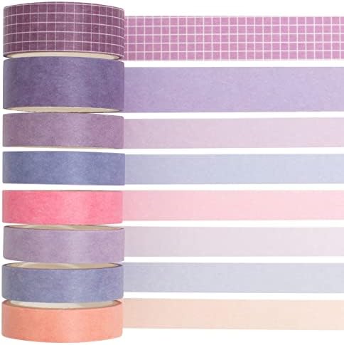 YUBBAEX 8 Rolls Basic Washi Tape Set Solid Color Grid Masking Decorative Tapes for Arts, DIY Crafts, Journals, Planners, Scrapbooking, Wrapping (Violet)