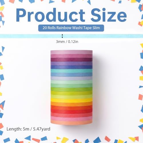 20 Rolls Rainbow Washi Tape Slim, Colorful Washi Tape Set 16.4ft
