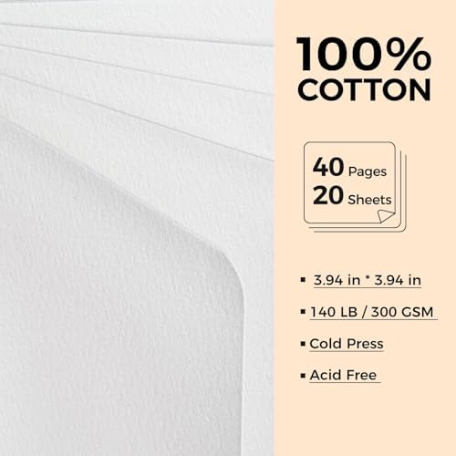 Watercolor Journal - 100% Cotton Cold Press Paper | 20 Sheets 40 Pages | 300GSM (140lb) | PU Leather Cover Watercolor Sketch Books for Artists Painting,Mixed Media 3.9in x 3.9in