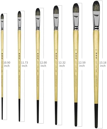 XDT#6386 Filbert Artist Paint Brush 6 Piece Set Medium Stiff Black Hog Bristle Extra Long Handle #2#4#6#8#10#12, Acrylic Oil Watercolor