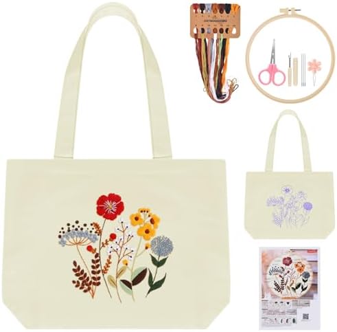 ERKOON Canvas Tote Bag Embroidery Kit for Beginners, Floral Arts Crafts Cross Stitch Kits for Adults Including Stamped Embroidery Bag with Hoops, Needle, Instruction and Color Threads (Flower)