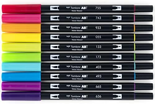 Tombow 56185 Dual Brush Pen Art Markers, Bright, 10-Pack. Blendable, Brush and Fine Tip Markers
