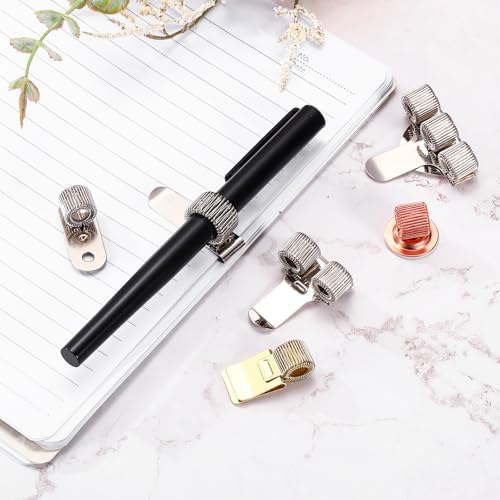 PATIKIL 2Pcs Metal Pen Clip Holder, Adjustable Loop Pen Pencil Organizer with Single Spring Loop for Notebook, Clipboard, Gold Tone