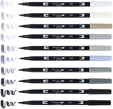 Tombow 56171 Dual Brush Pen Art Markers, Grayscale, 10-Pack. Blendable, Brush and Fine Tip Markers