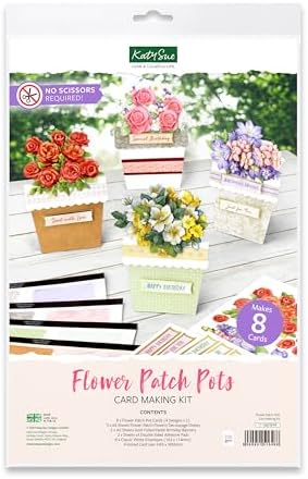 Katy Sue Flower Patch Pots Card Making Kit. 8 Cards, 8 Envelopes, 3 Sheets of Floral Die-Cut Decoupage, Adhesive Pads, & 2 Sheets of Birthday Sentiments Banners for Card Making Supplies