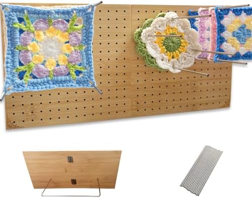 whewinhie Crochet Blocking Board with Pegs, Bamboo Knitting Board, 15.5x7.7 inch,Projects with Pattern,Foldable, Complete Square Crochet Tool Kit for Granny & Mom