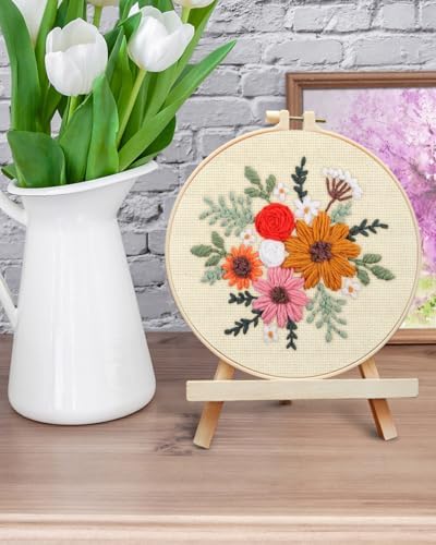 ERKOON Punch Needle Kit Beginners Adults, DIY Easy Flower Embroidery Set for Starter Art Craft, Needling Punching Project with Patterns, Tools, Yarns, Hoop, Instruction (Rainbow Flowers)